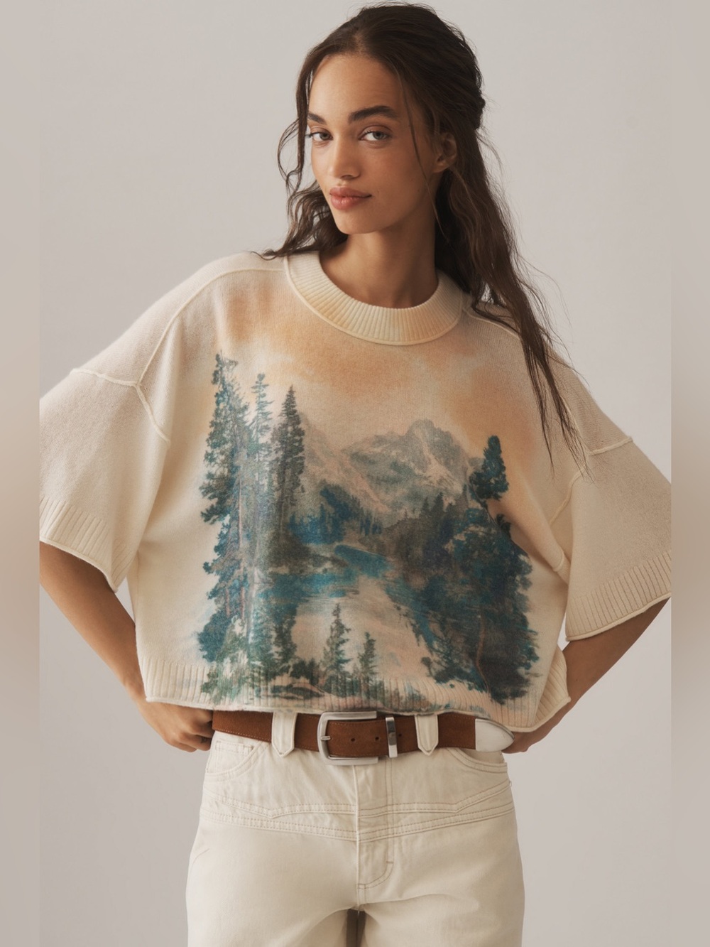 Anthropologie The Goldie Crew-Neck Cashmere Sweater Novelty Forest Print Size XS